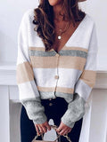 V-Neck Button Stripe Stitching Sweater Cardigan Shopvhs.com