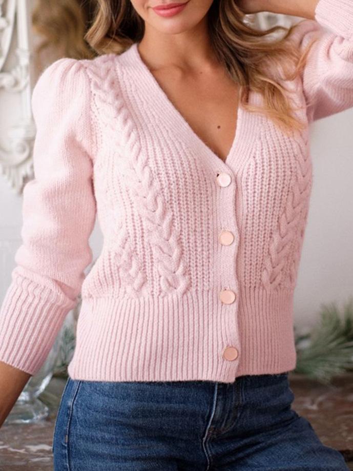 V-Neck Button Twist Long Sleeve Cardigan Sweater Shopvhs.com