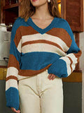 V-Neck Color-Block Long Sleeve Knitted Sweater