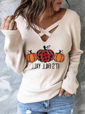 V-Neck Cross Pumpkin Long Sleeve T-Shirt Shopvhs.com