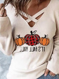 V-Neck Cross Pumpkin Long Sleeve T-Shirt Shopvhs.com