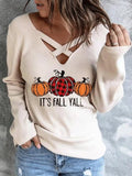 V-Neck Cross Pumpkin Long Sleeve T-Shirt Shopvhs.com