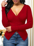 V-Neck Crossover Slim Long Sleeve Slit T-Shirts Shopvhs.com