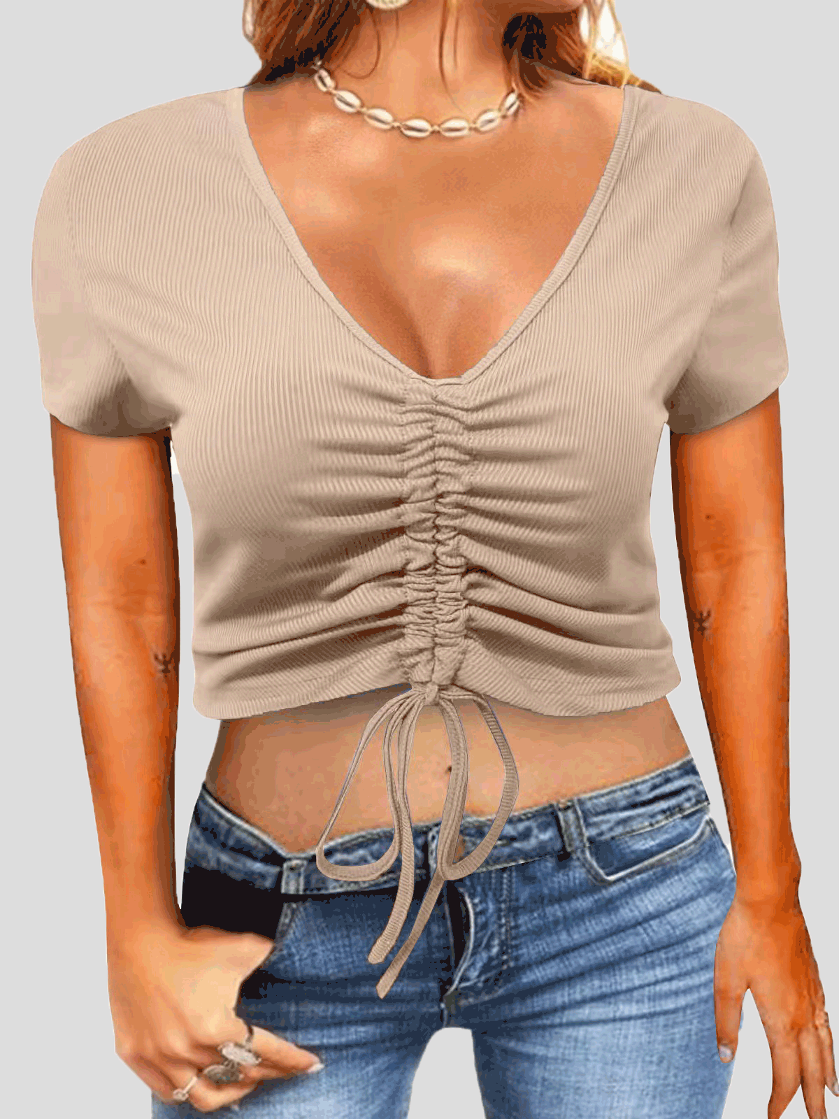 V-Neck Drawstring Slim Fit Short Sleeve T-Shirt Shopvhs.com
