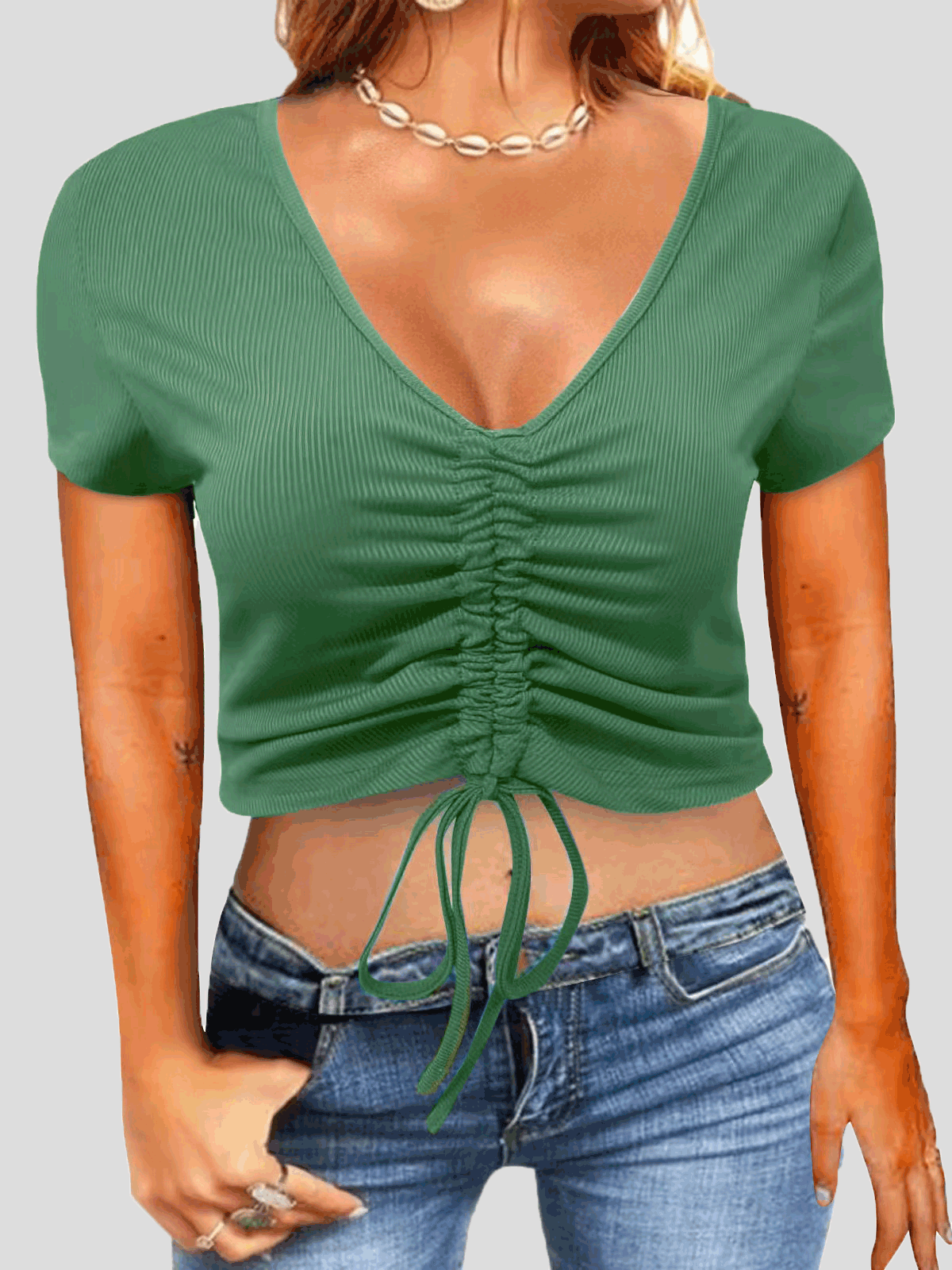 V-Neck Drawstring Slim Fit Short Sleeve T-Shirt Shopvhs.com