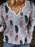 V-Neck Feather Print Long Sleeve Sweater Shopvhs.com