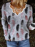 V-Neck Feather Print Long Sleeve Sweater