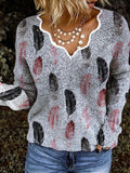 V-Neck Feather Print Long Sleeve Sweater Shopvhs.com