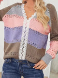 V-Neck Hollow Long Sleeve Striped Lace Sweater Shopvhs.com