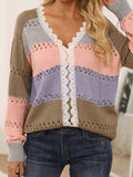 V-Neck Hollow Long Sleeve Striped Lace Sweater