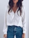 V-Neck Lace Buttons Long Sleeves Blouse Shopvhs.com