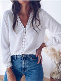 V-Neck Lace Buttons Long Sleeves Blouse Shopvhs.com