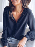 V-Neck Lace Buttons Long Sleeves Blouse Shopvhs.com