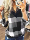 V-Neck Lace Plaid Long Sleeve T-Shirt Shopvhs.com