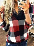 V-Neck Lace Plaid Long Sleeve T-Shirt Shopvhs.com