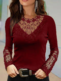 V-Neck Lace Slim Fit Long Sleeve T-Shirt Shopvhs.com