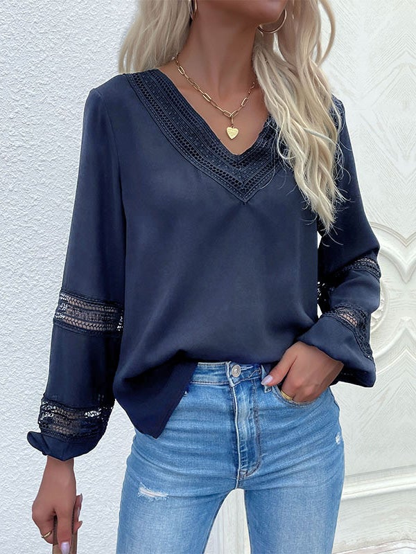 V-Neck Lace Stitching Hollow Long Sleeve Blouse Shopvhs.com