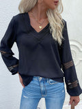V-Neck Lace Stitching Hollow Long Sleeve Blouse Shopvhs.com