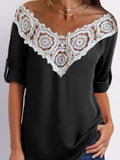 V-Neck Lace Stitching Hollow Three-Quarter Sleeves T-Shirts Shopvhs.com