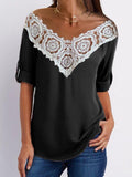 V-Neck Lace Stitching Hollow Three-Quarter Sleeves T-Shirts Shopvhs.com