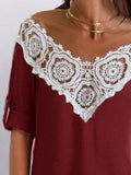 V-Neck Lace Stitching Hollow Three-Quarter Sleeves T-Shirts Shopvhs.com