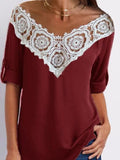 V-Neck Lace Stitching Hollow Three-Quarter Sleeves T-Shirts Shopvhs.com