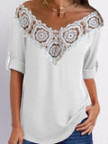 V-Neck Lace Stitching Hollow Three-Quarter Sleeves T-Shirts Shopvhs.com