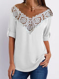 V-Neck Lace Stitching Hollow Three-Quarter Sleeves T-Shirts Shopvhs.com