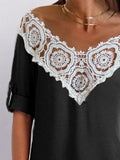 V-Neck Lace Stitching Hollow Three-Quarter Sleeves T-Shirts Shopvhs.com