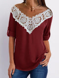 V-Neck Lace Stitching Hollow Three-Quarter Sleeves T-Shirts Shopvhs.com