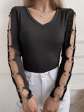V-Neck Metal Hollow Long Sleeve T-Shirt Shopvhs.com