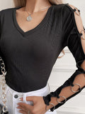 V-Neck Metal Hollow Long Sleeve T-Shirt Shopvhs.com