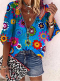 V-Neck Printed Zipper Five-Quarter Sleeves Blouses Shopvhs.com