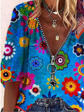 V-Neck Printed Zipper Five-Quarter Sleeves Blouses Shopvhs.com