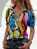 V-Neck Printed Zipper Short Sleeve T-Shirt Shopvhs.com