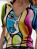 V-Neck Printed Zipper Short Sleeve T-Shirt Shopvhs.com