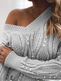 V-Neck Pullover Beaded Long Sleeve Sweater Shopvhs.com