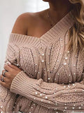 V-Neck Pullover Beaded Long Sleeve Sweater Shopvhs.com