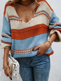 V-Neck Stripes Lazy Long Sleeve Sweater Shopvhs.com