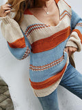 V-Neck Stripes Lazy Long Sleeve Sweater Shopvhs.com