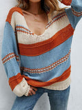 V-Neck Stripes Lazy Long Sleeve Sweater Shopvhs.com