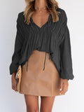 V-Neck Tie Gathered Long Sleeve Blouse Shopvhs.com