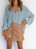 V-Neck Tie Gathered Long Sleeve Blouse Shopvhs.com