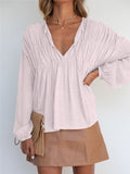 V-Neck Tie Gathered Long Sleeve Blouse Shopvhs.com