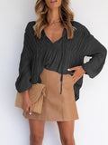 V-Neck Tie Gathered Long Sleeve Blouse Shopvhs.com