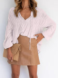 V-Neck Tie Gathered Long Sleeve Blouse Shopvhs.com