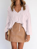 V-Neck Tie Gathered Long Sleeve Blouse Shopvhs.com