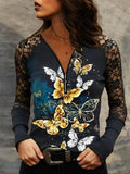 V-Neck Zipper Butterfly Print Lace Long Sleeve T-Shirt Shopvhs.com