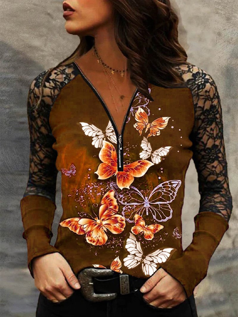 V-Neck Zipper Butterfly Print Lace Long Sleeve T-Shirt Shopvhs.com
