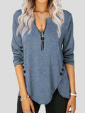 V-Neck Zipper Button Long Sleeve T-Shirt Shopvhs.com